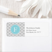 Grijs en Blauw Quatrefoil Monogram Adresetiketten Etiket (Insitu)