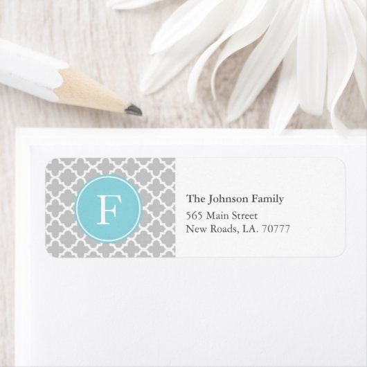 Grijs en Blauw Quatrefoil Monogram Adresetiketten Etiket (Insitu)