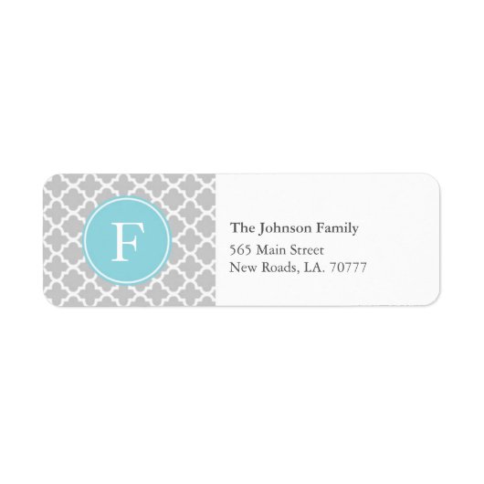 Grijs en Blauw Quatrefoil Monogram Adresetiketten Etiket (Voorkant)