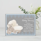 Grijs en blauw teddybeer Baby shower Kaart (Staand voorkant)
