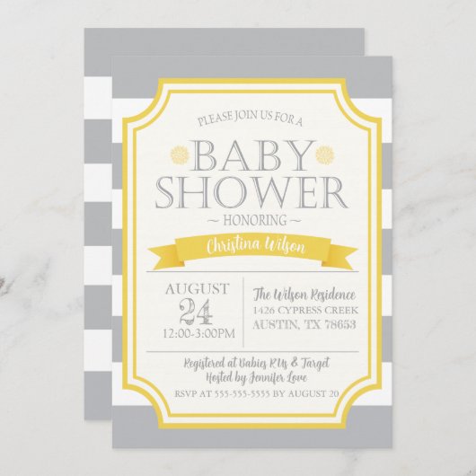 Grijs en Geel Baby shower Kaart (Voorkant / Achterkant)