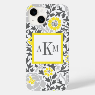 Grijs en Geel Bloemen Damask Douane Monogram Case-Mate iPhone Case
