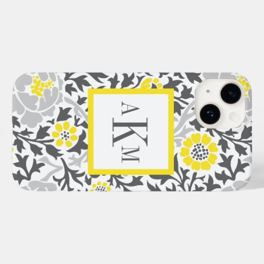 Grijs en Geel Bloemen Damask Douane Monogram Case-Mate iPhone Case (Achterkant (horizontaal))