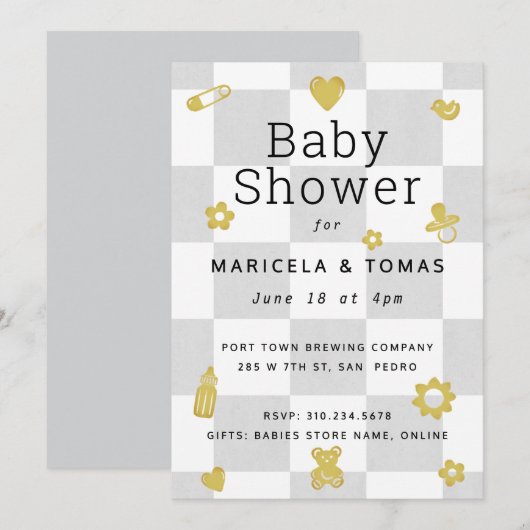 Grijs en geel checker Baby shower Kaart (Voorkant / Achterkant)