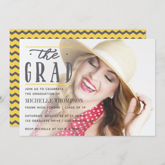 Grijs en Geel Chevron Uitnodiging (Voorkant / Achterkant)