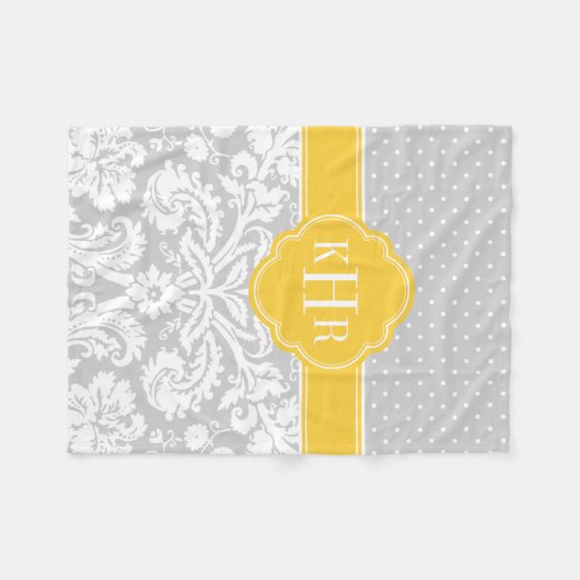 Grijs en Geel Damast Polka Dots Monogram Fleece Deken (Voorkant (Horizontaal))