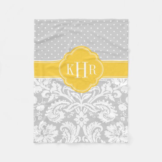 Grijs en Geel Damast Polka Dots Monogram Fleece Deken (Voorkant)