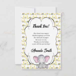 Grijs en Geel Elefant en Giraffe Baby shower T Bedankkaart