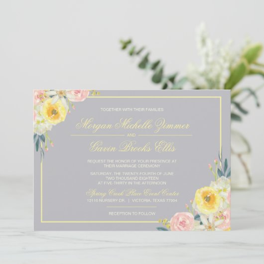 Grijs en Geel Floral Weddenschap Kaart (Staand voorkant)