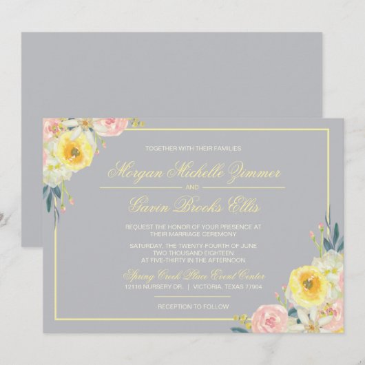 Grijs en Geel Floral Weddenschap Kaart (Voorkant / Achterkant)