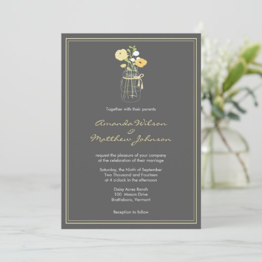 Grijs en Geel Mason Jar Wedding Invitations Kaart (Staand voorkant)