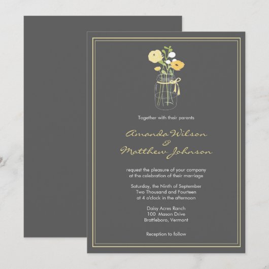 Grijs en Geel Mason Jar Wedding Invitations Kaart (Voorkant / Achterkant)
