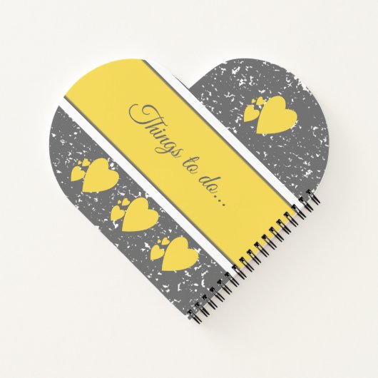 Grijs en geel met een naam en liefdesharten notitieboek (Achterkant)