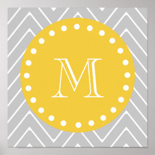 Grijs en Geel modern Chevron Aangepast monogram Poster
