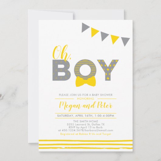Grijs en Geel | Modern Typografie Boy Baby shower Kaart (Voorkant)