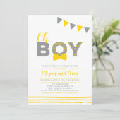 Grijs en Geel | Modern Typografie Boy Baby shower Kaart (Staand voorkant)
