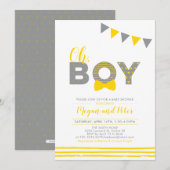Grijs en Geel | Modern Typografie Boy Baby shower Kaart (Voorkant / Achterkant)