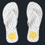 Grijs en Geel Trellis Monogram Teenslippers<br><div class="desc">Aangepast afgedrukte flip flop sandalen met een stijlvol,  modern patroon en uw aangepaste monogram of andere tekst in een cirkelvormig lijst. Klik aanpassen het om tekstdoopvonten en kleuren te veranderen of uw eigen afbeeldingen toe te voegen om unieke één van een soortontwerp te creëer!</div>