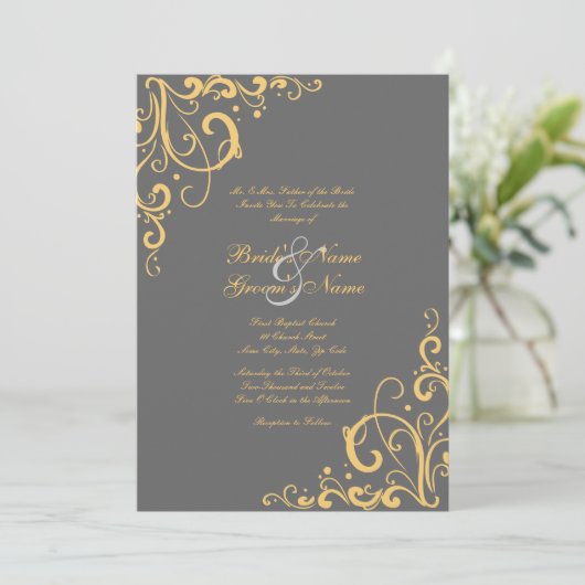 Grijs en Geel Vlaams huwelijk Uitnodiging (Staand voorkant)