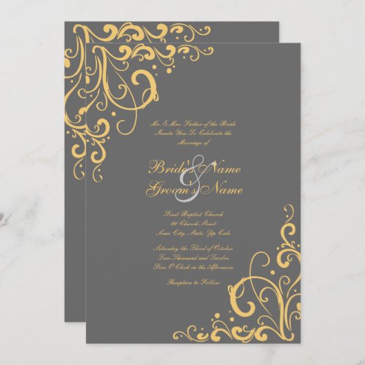 Grijs en Geel Vlaams huwelijk Uitnodiging (Voorkant / Achterkant)