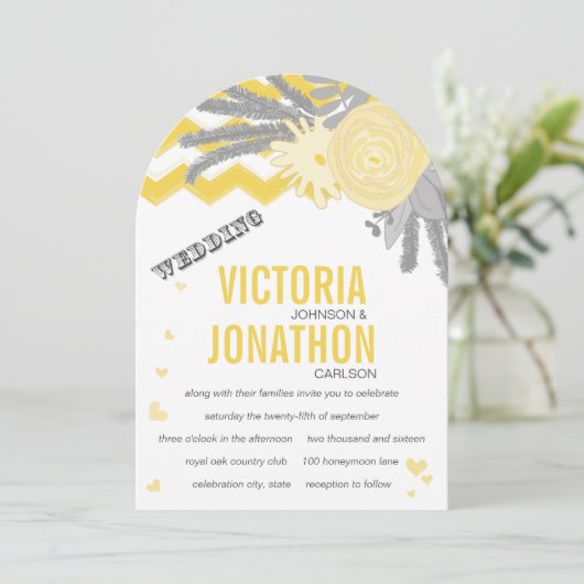Grijs en Geel Zig Zag Romantic Wedding Kaart (Staand voorkant)