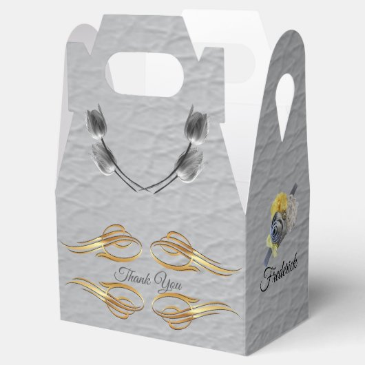 Grijs en Gele tulpen op textuur Bedankdoosjes (Geopend)