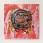 Grijs en Gele tulpen op textuurcanvas Afdrukken Legpuzzel (Horizontaal)