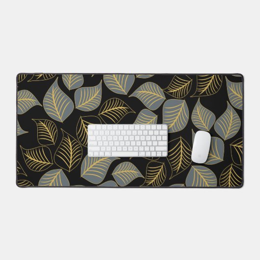 Grijs en goud breed blad patroon op zwart bureaumat (Keyboard & Muis)