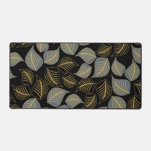 Grijs en goud breed blad patroon op zwart bureaumat (Voorkant)