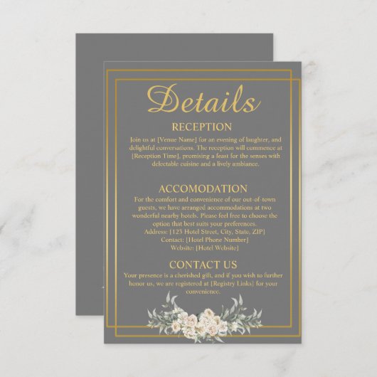 Grijs en Goud Bruiloft Details Behuizing Kaart (Voorkant / Achterkant)