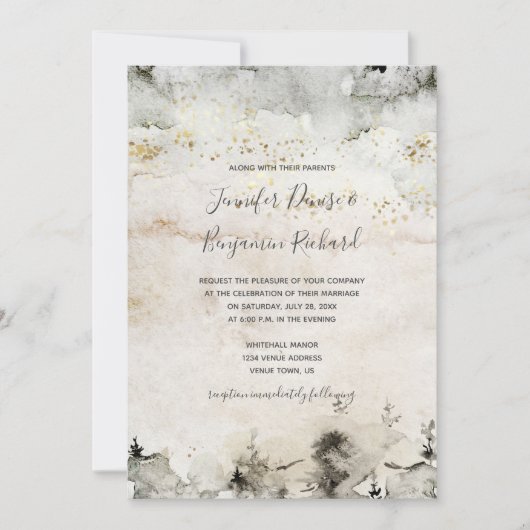 Grijs en Goud Waterverf Alpine Mountain Bruiloft | Kaart (Voorkant)