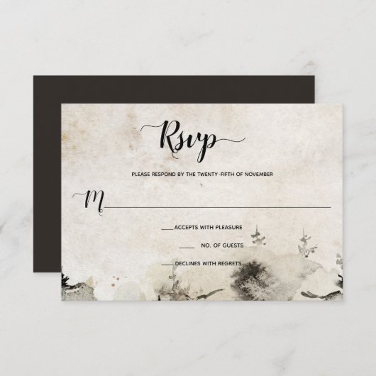 Grijs en Goud Waterverf Alpine Mountain Bruiloft | RSVP Kaartje (Voorkant / Achterkant)