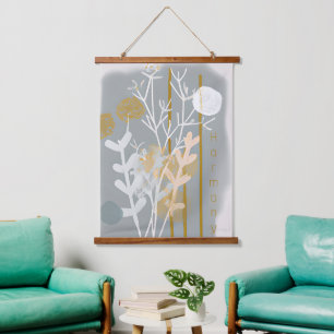 Grijs en gouden abstract botanisch minimalistische hangend wandkleed