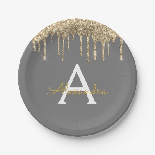 Grijs en gouden glinsterend monogram verjaardag papieren bordje (Voorkant)