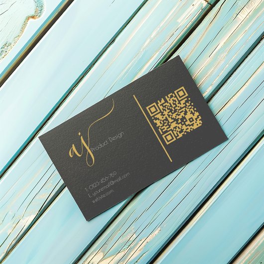 Grijs en gouden monogram QR-code visitekaartje