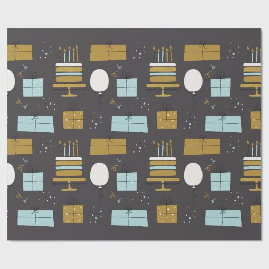 Grijs en Gouden Schattige Geïllustreerd Verjaardag Cadeaupapier (Vlak)