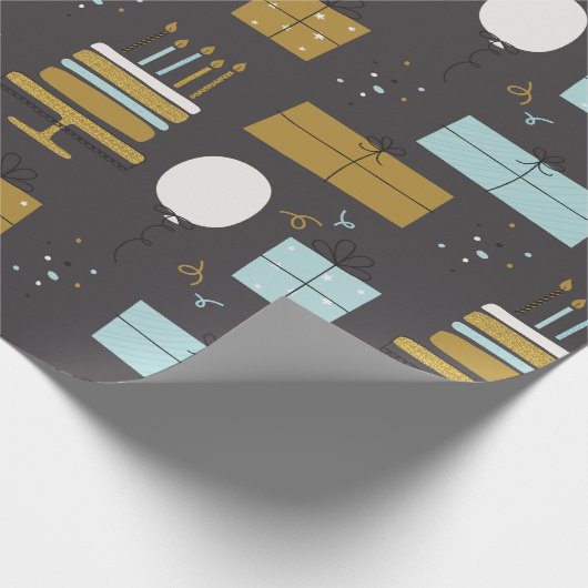 Grijs en Gouden Schattige Geïllustreerd Verjaardag Cadeaupapier (Hoek)