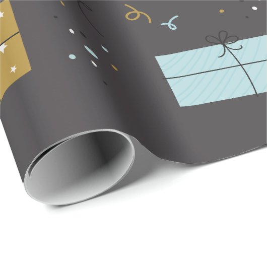 Grijs en Gouden Schattige Geïllustreerd Verjaardag Cadeaupapier (Rol Hoek)