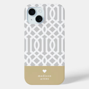 Grijs en Gouden Traliewerk Hart Monogram iPhone 15 Case
