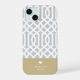 Grijs en Gouden Traliewerk Hart Monogram iPhone 15 Case