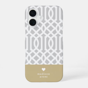 Grijs en Gouden Traliewerk Hart Monogram iPhone 16 Hoesje