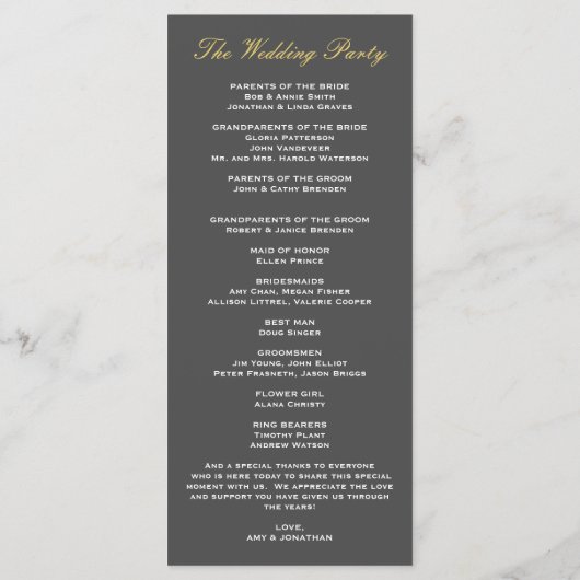 Grijs en Gouden Twinkle Modern Huwelijksprogramma Programmakaart (Achterkant)