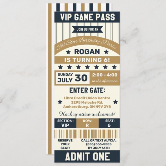 Grijs- en goudsport Gedekte Ticket Birthday Party Kaart (Voorkant / Achterkant)