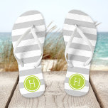 Grijs en Groen Preppy Strepen Monogram Teenslippers<br><div class="desc">Aangepast gedrukte flip flop sandalen met een preppy nautical stripe patroon en uw aangepaste monogram of andere tekst in een cirkelvormig lijst. Klik aanpassen het om tekstdoopvonten en kleuren te veranderen of uw eigen afbeeldingen toe te voegen om unieke één van een soortontwerp te creëer!</div>