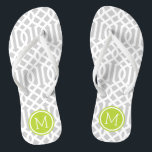 Grijs en Groen Trellis Monogram Teenslippers<br><div class="desc">Aangepast afgedrukte flip flop sandalen met een stijlvol,  modern patroon en uw aangepaste monogram of andere tekst in een cirkelvormig lijst. Klik aanpassen het om tekstdoopvonten en kleuren te veranderen of uw eigen afbeeldingen toe te voegen om unieke één van een soortontwerp te creëer!</div>