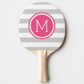 Grijs en Heet Roze Preppy Strepen Monogram Tafeltennisbatje (Voorkant)