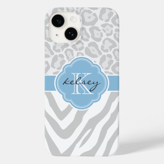 Grijs en Hemelsblauw Dierenprint Monogram Case-Mate iPhone Case (Achterkant)