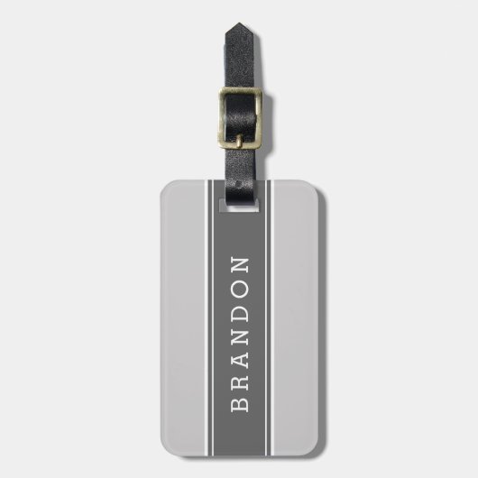 Grijs en Houtskool Rugby Streep Custom Monogram Bagagelabel (Voorkant verticaal)