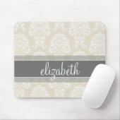 Grijs en Ivoor  Damast Patroon met Naam Muismat (Met muis)