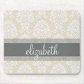 Grijs en Ivoor  Damast Patroon met Naam Muismat (Voorkant)